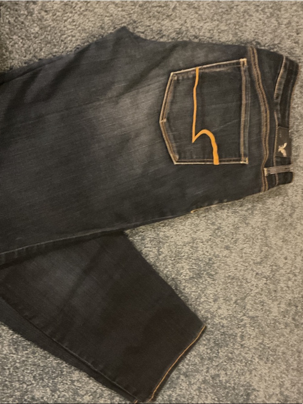 American Eagle Outfitters Women's Dark Blue Skinny Jeans with Orange Stitching